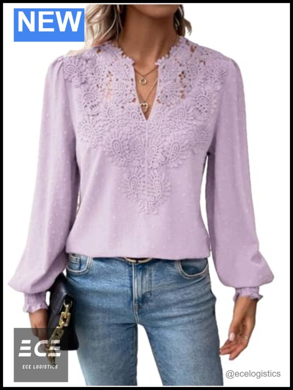 Womens Lace Blouse V Neck Ruffle Long Sleeve Dressy Casual Boho Top